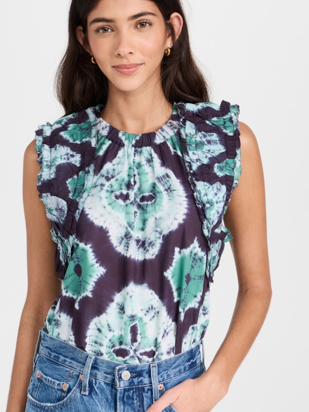 Sea NY Aveline Tie Dye Pintuck Tank Top Teal Ruffle Blouse Size S NWT